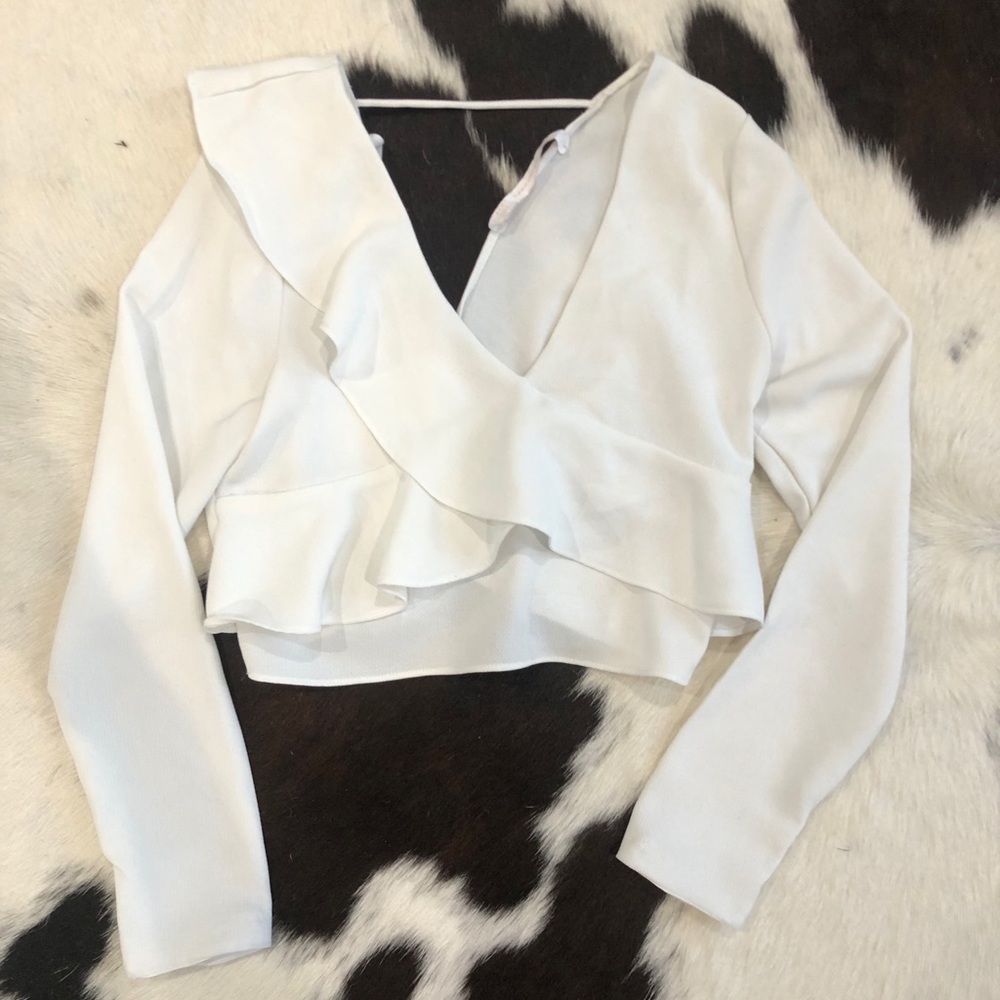 Zara White Frill Long Sleeve Cropped Blouse